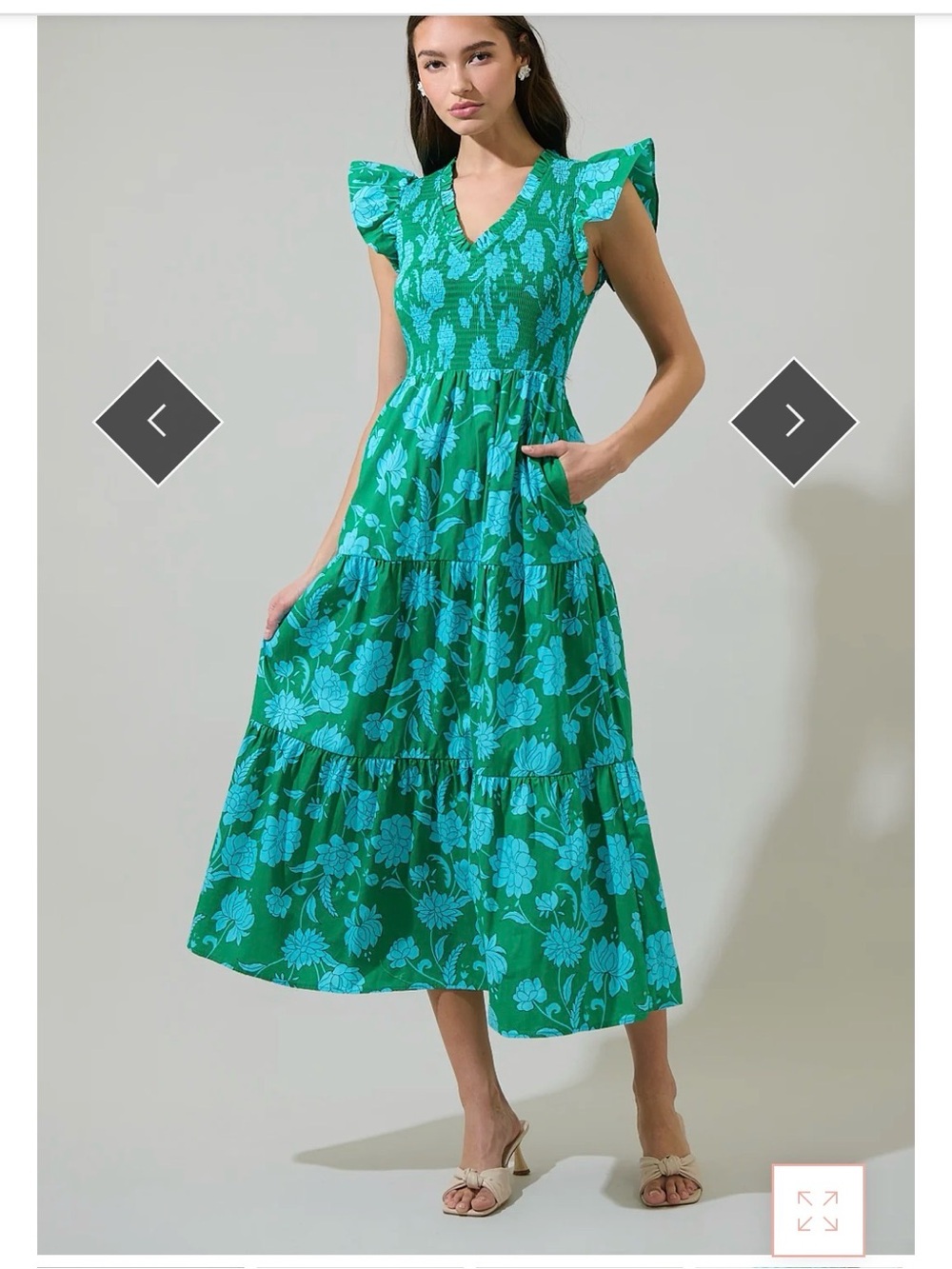 Sugarlips Green Floral Flutter-Sleeve Midi Dress